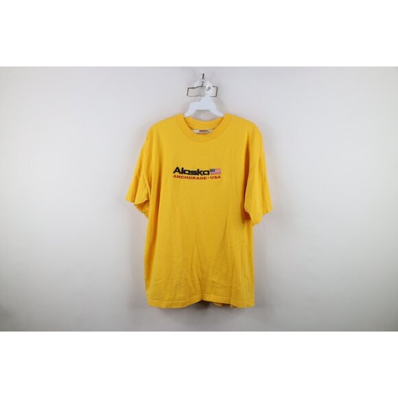 Vtg 90s Streetwear Mens XL Spell Out Anchorage Alaska USA Flag T-Shirt Yellow - Picture 1 of 9